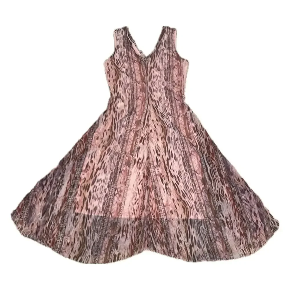 T Tahari Midi Dress Sheer Overlay Animal Print V-Neck Pink Brown XS - Picture 5 of 10